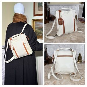 Valentina Pebble Leather White/Tan Convertible Backpack Shoulder Bag Italy